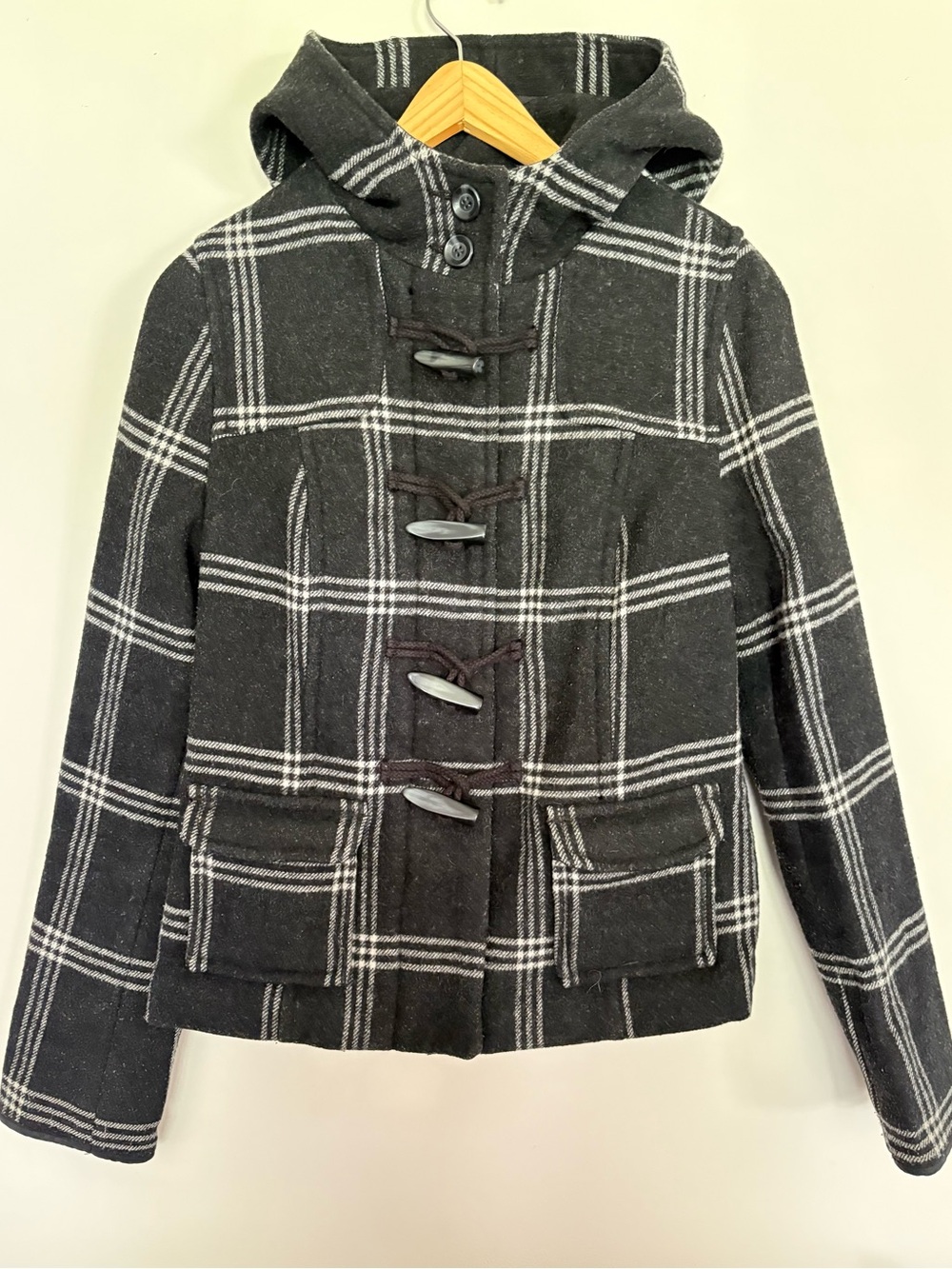 Old Navy Women’s Small Plaid Duffle Coat Hooded Toggle Jacket Wool Blend